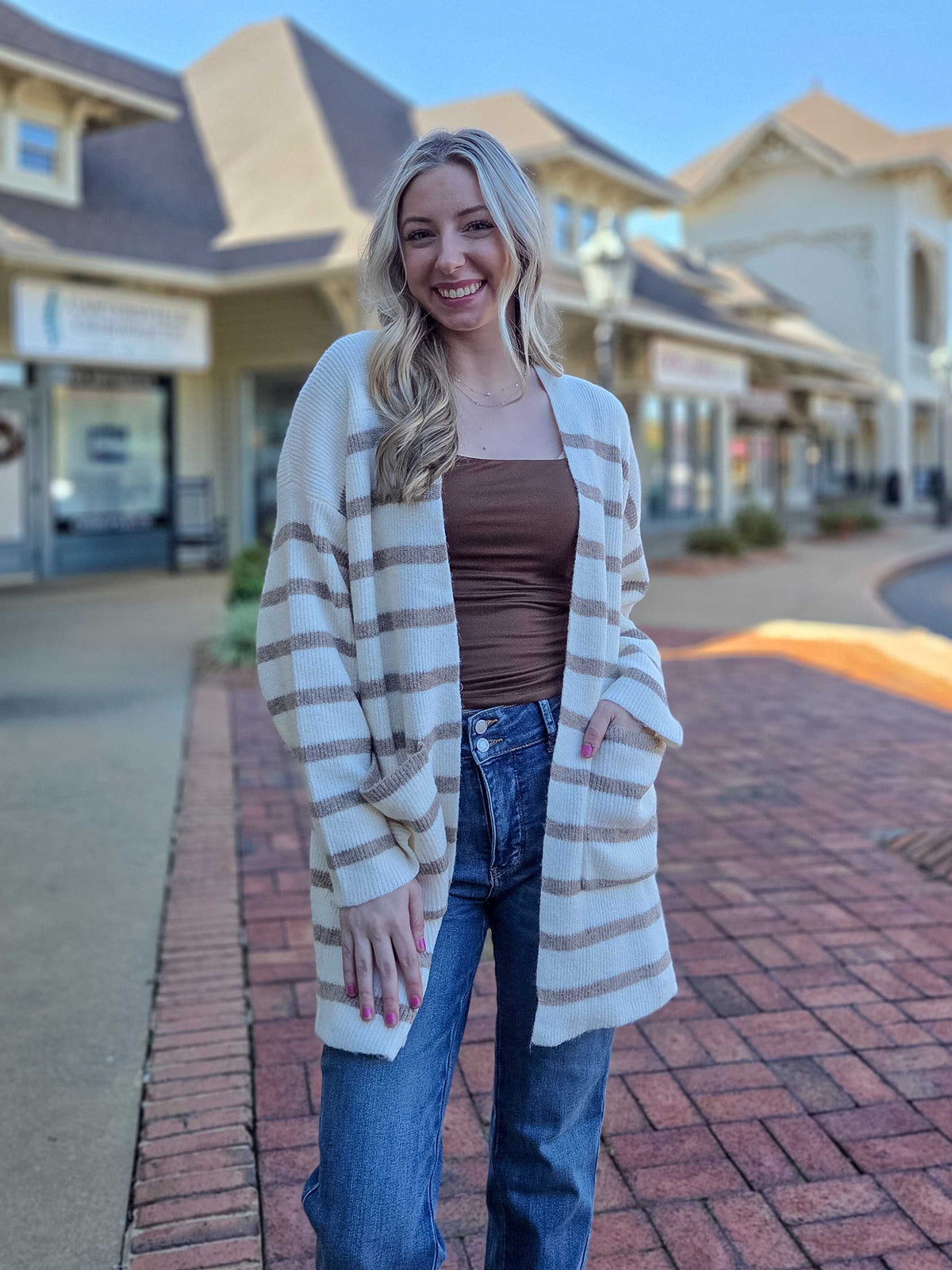 Sand & Cream Striped Open Front Cardigan