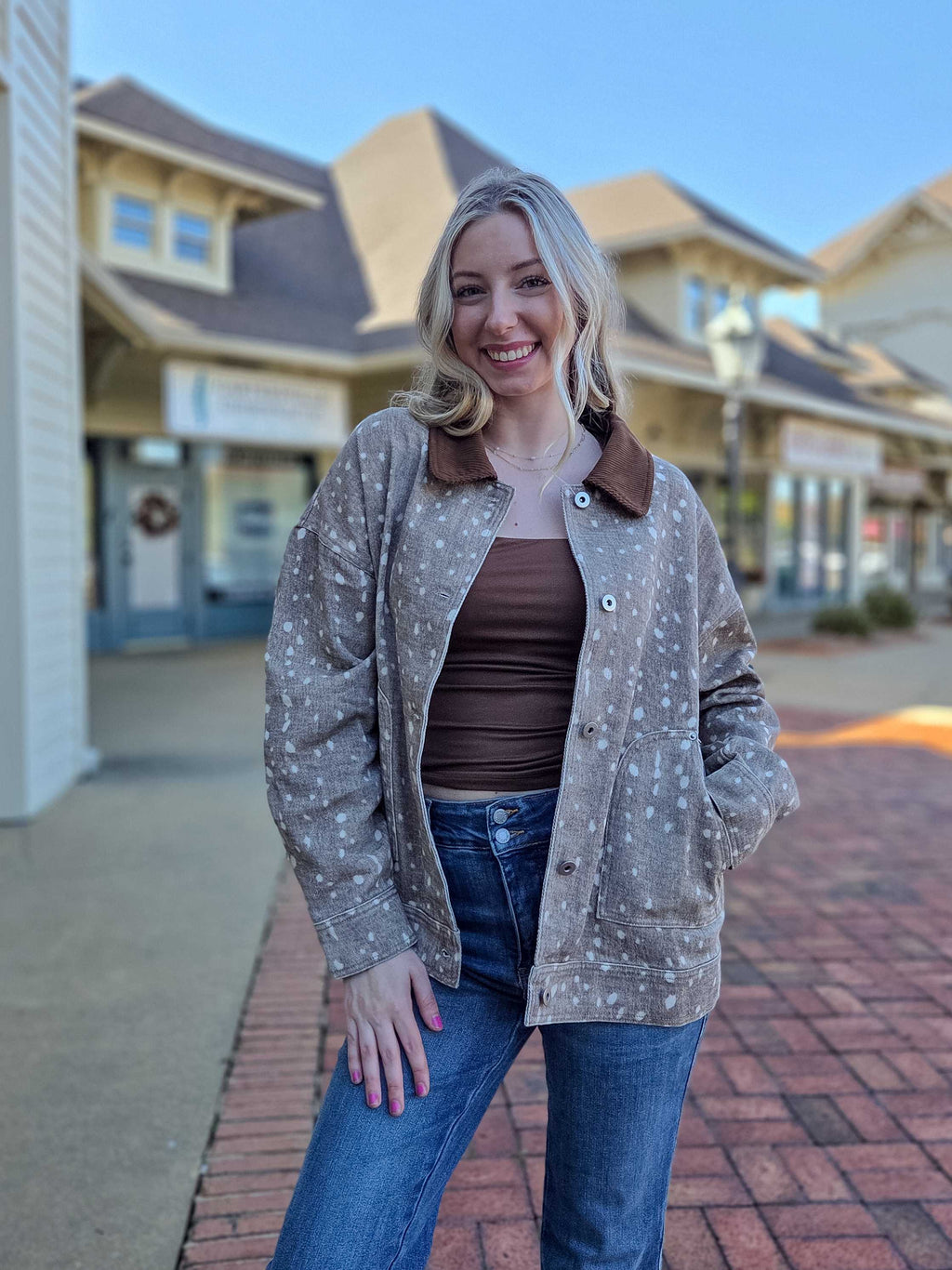 Mocha Bambi Print Corduroy Collar Jacket