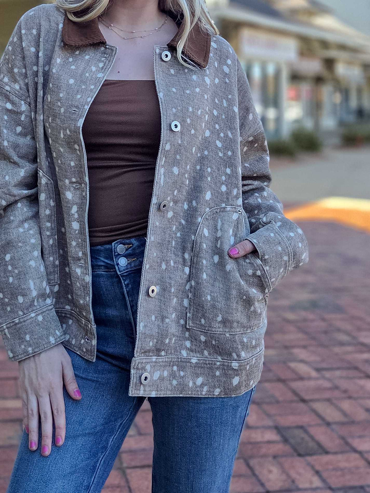 Mocha Bambi Print Corduroy Collar Jacket