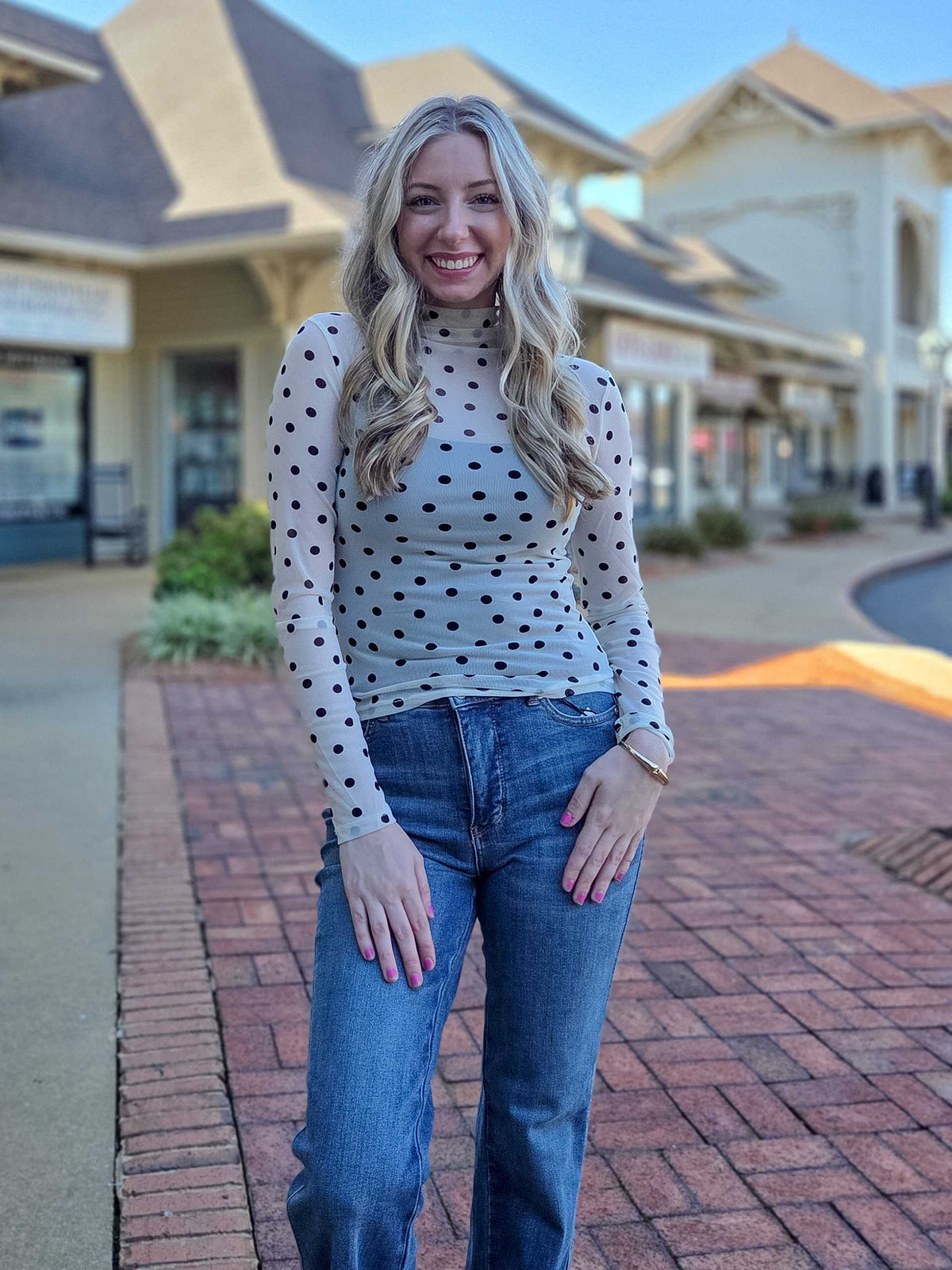 Polka Dot Sheer Mesh Mock Neck Top