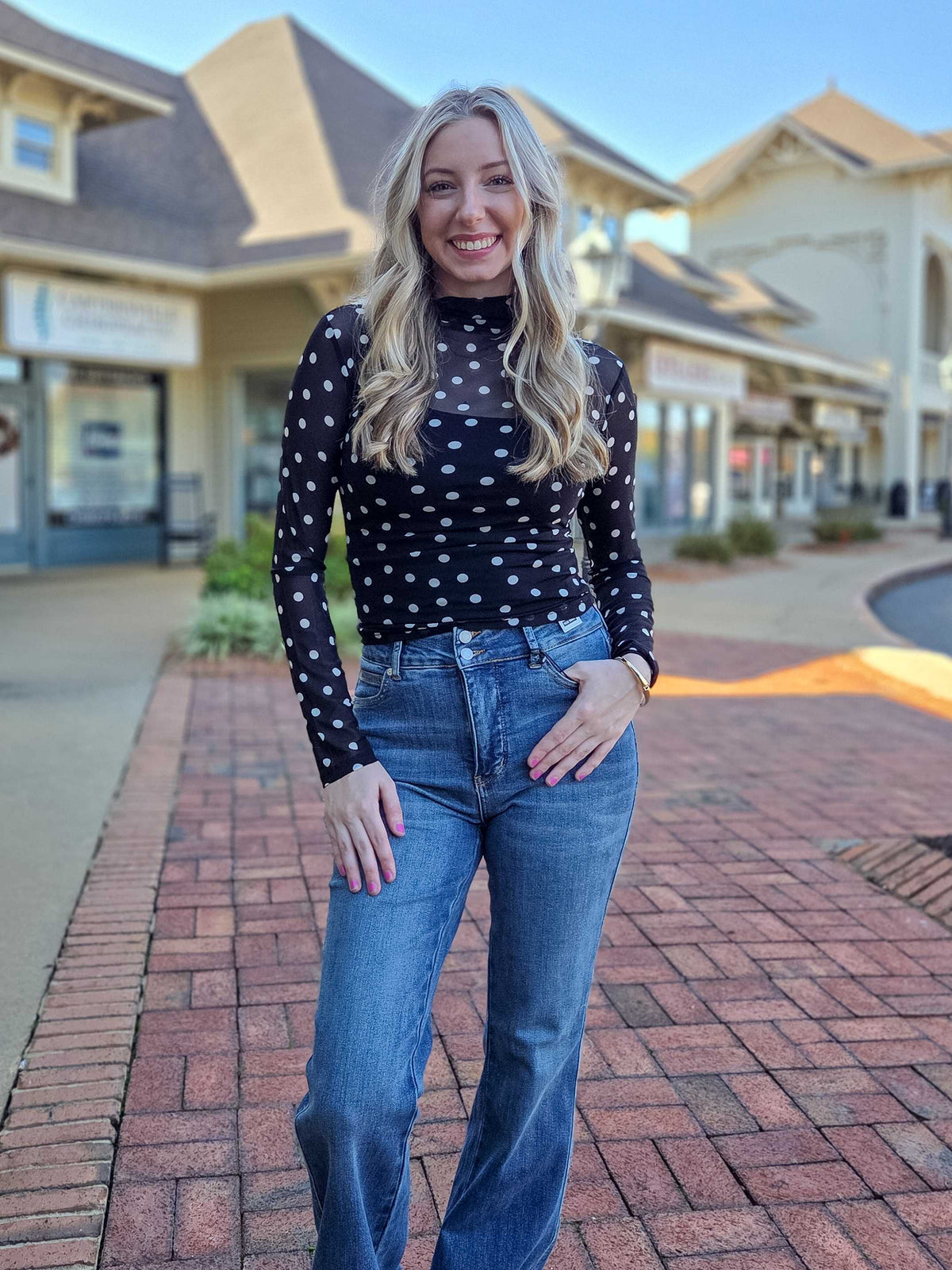 Polka Dot Sheer Mesh Mock Neck Top