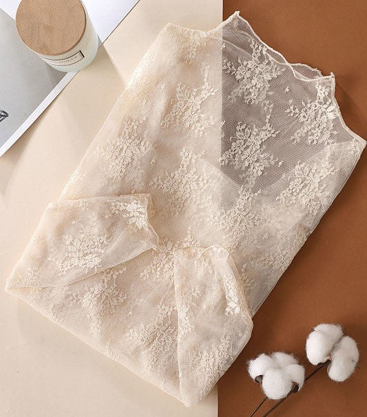 Sheer Lace Mock Neck Long Sleeve Top
