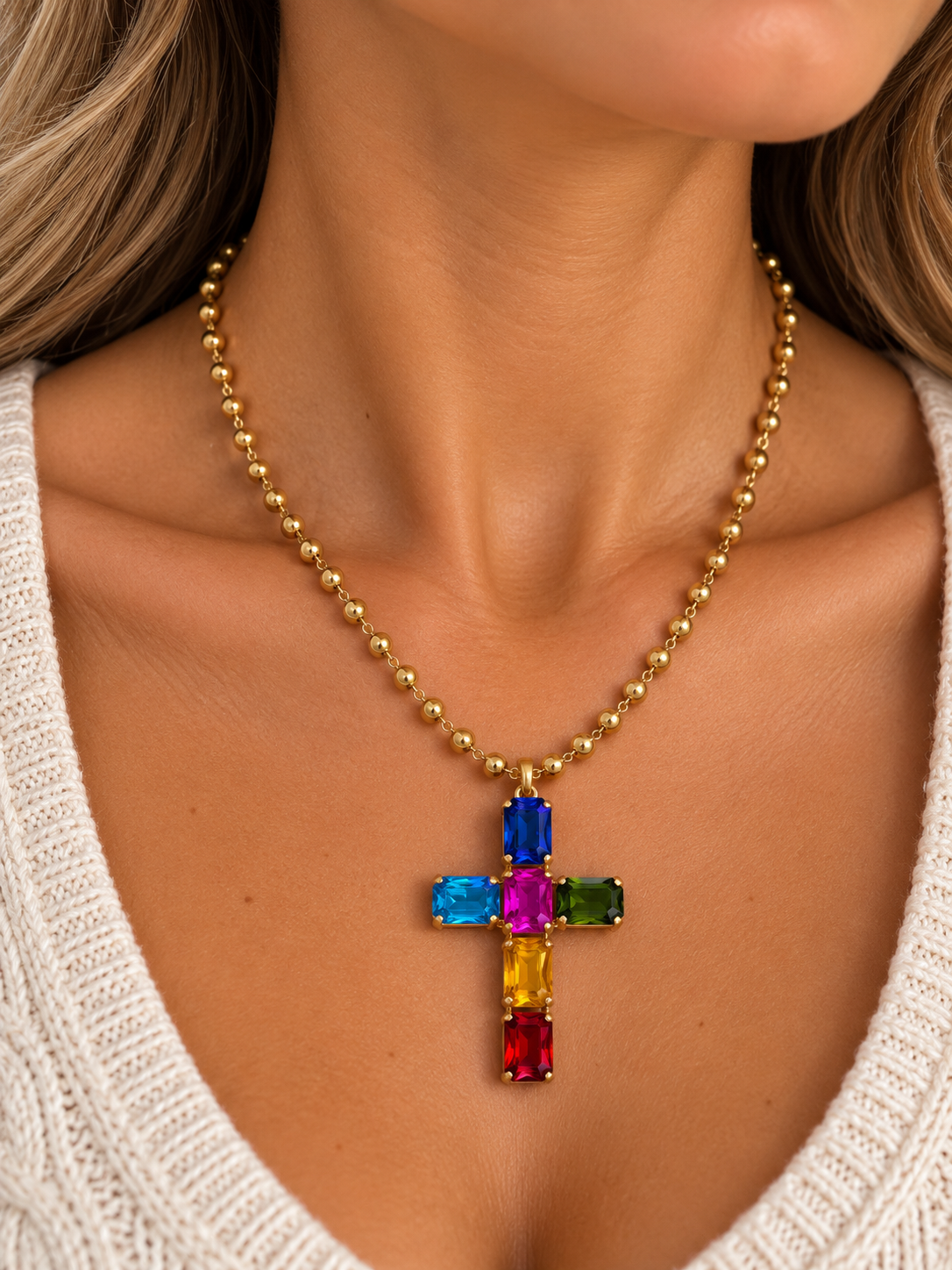 Multicolor Crystal Cross Pendant Necklace