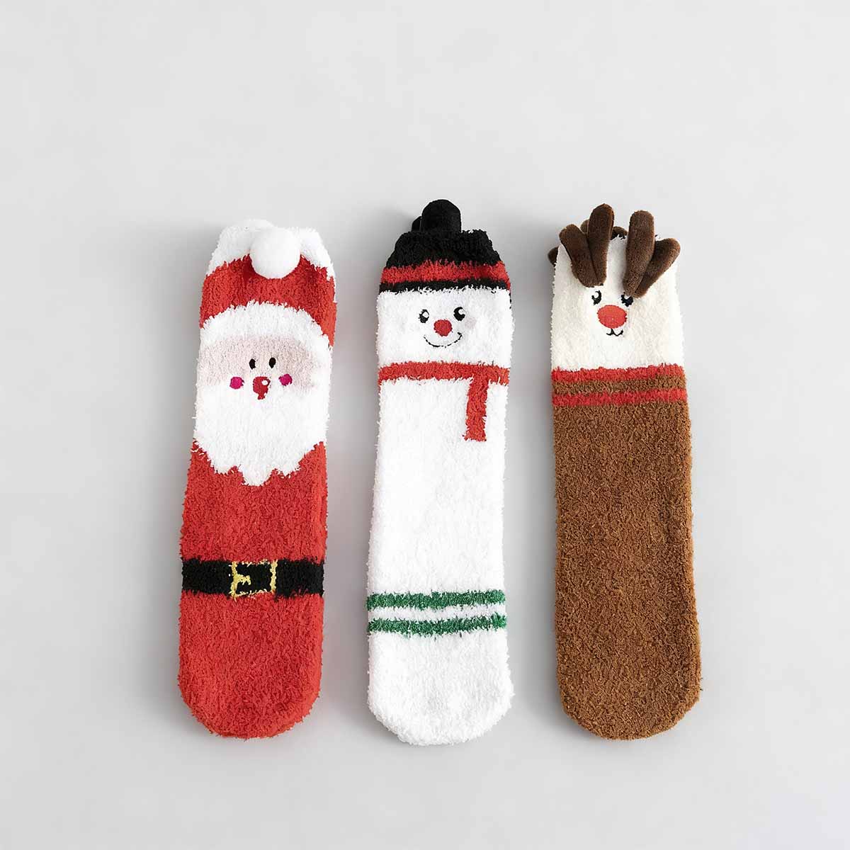 Cozy Christmas Character Fuzzy Crew Socks – Santa, Snowman & Reindeer