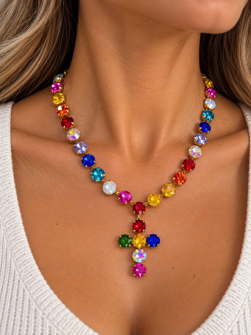 Multicolor Rhinestone Cross Statement Necklace