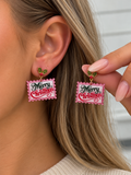 Merry Christmas Pink Postage Stamp Dangle Earrings