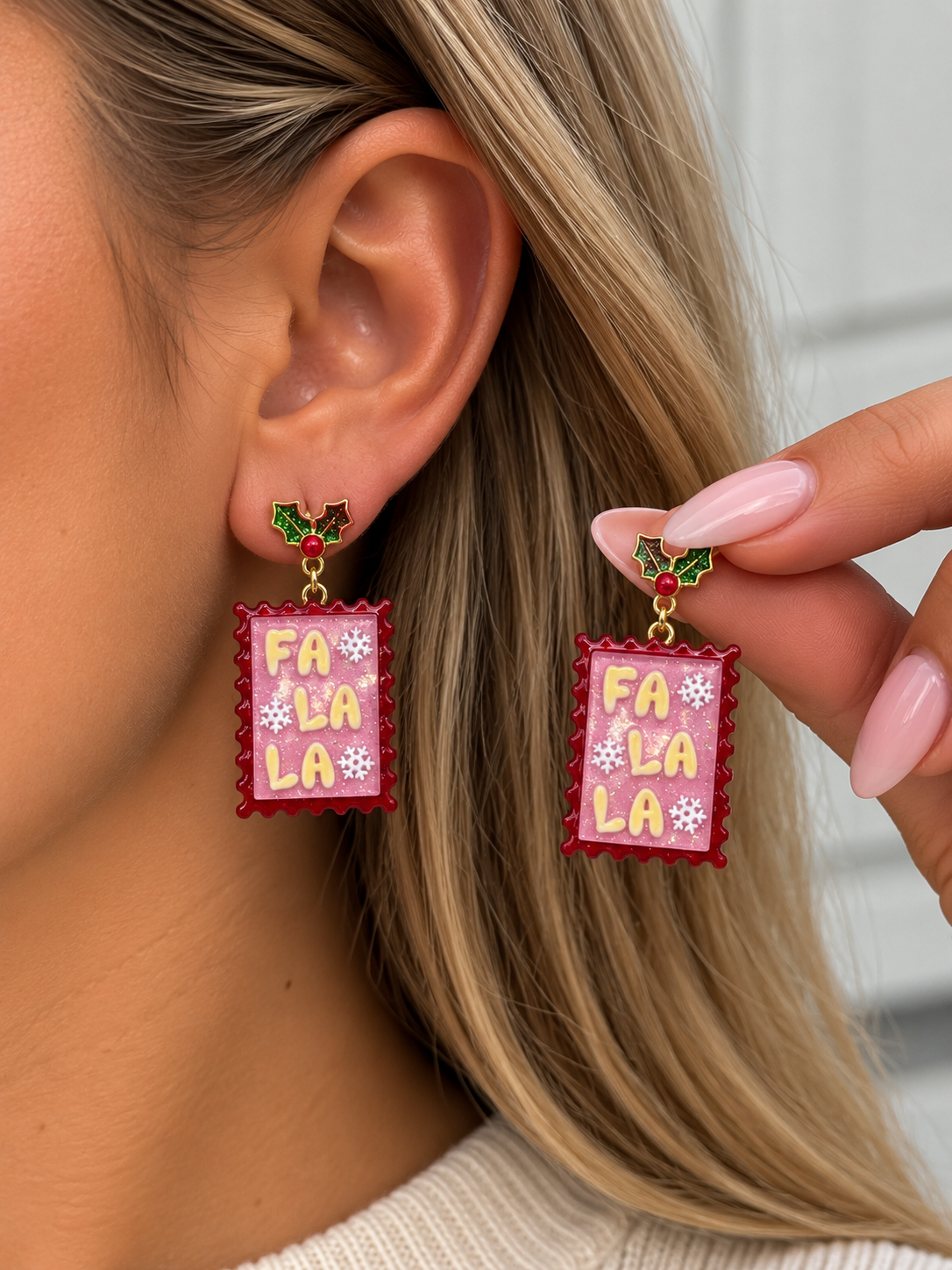 Fa La La Christmas Postage Stamp Dangle Earrings