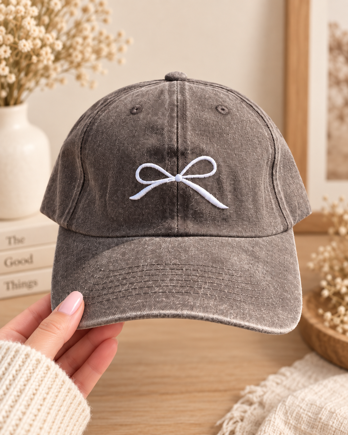 Coquette Bow Embroidered Washed Hat – Adjustable Cotton Hat