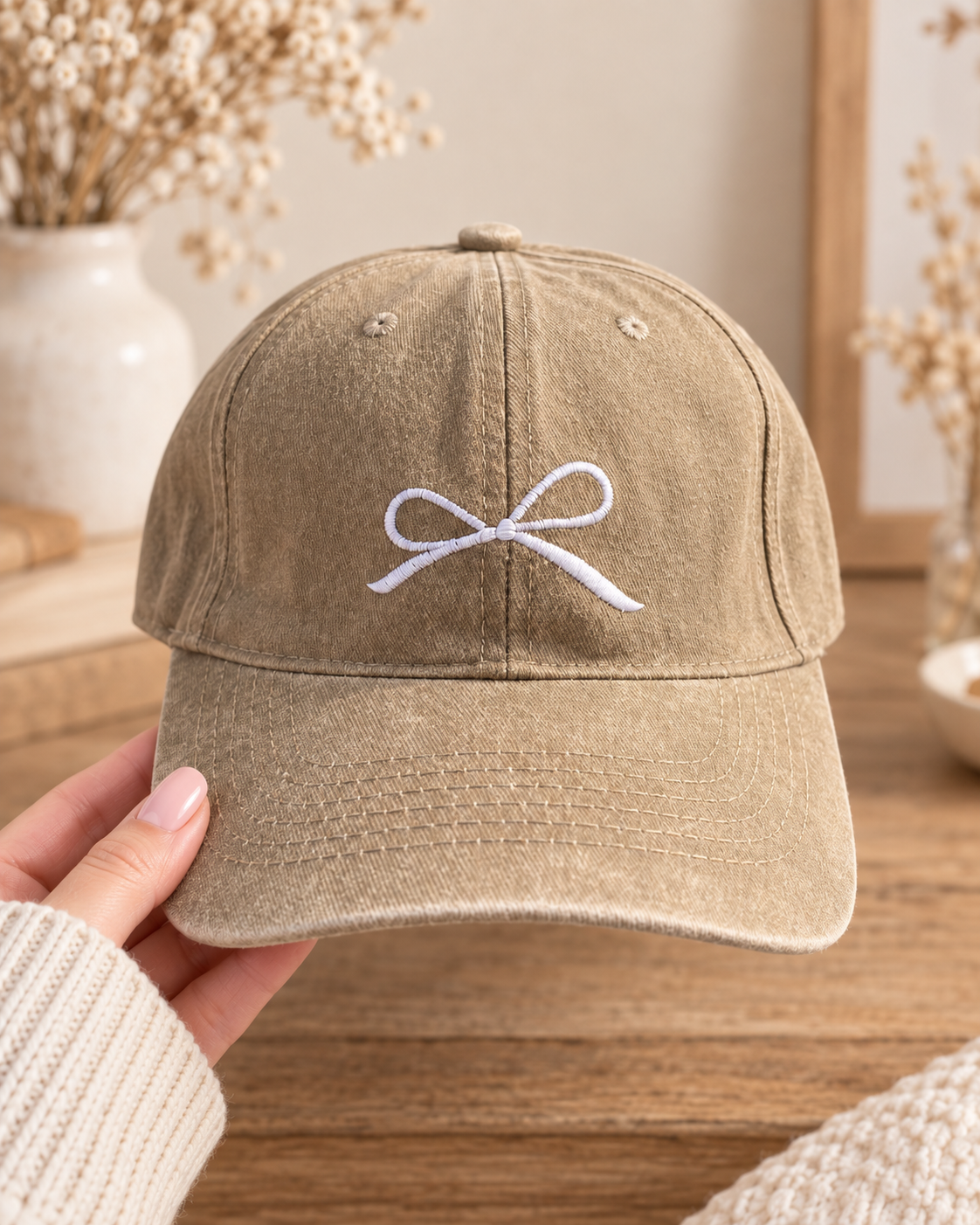 Coquette Bow Embroidered Washed Hat – Adjustable Cotton Hat