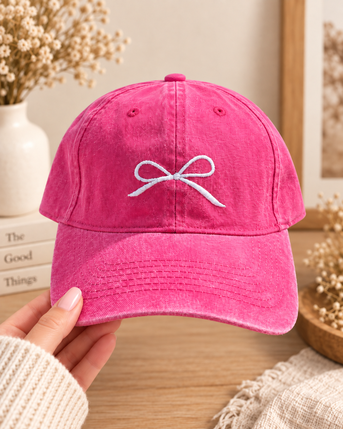 Coquette Bow Embroidered Washed Hat – Adjustable Cotton Hat