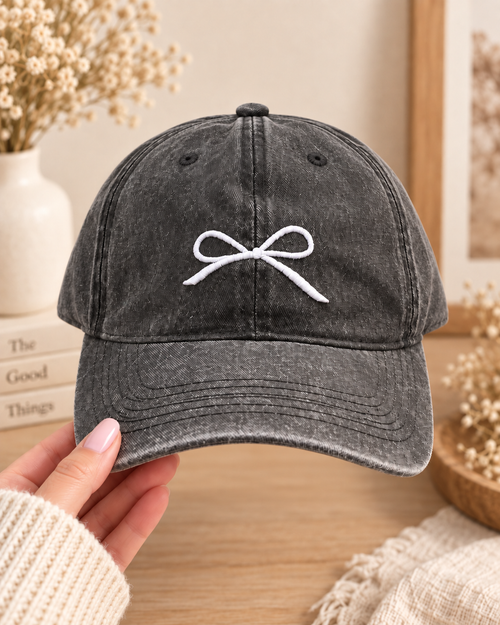 Coquette Bow Embroidered Washed Hat – Adjustable Cotton Hat