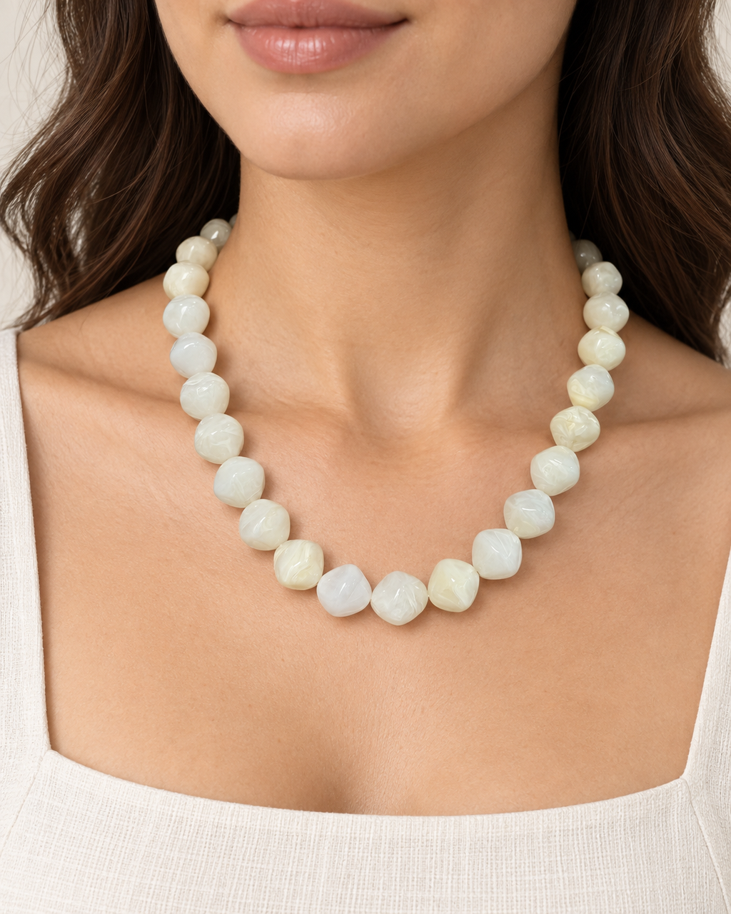 Ivory Marbled Bead Necklace – Statement Beaded Necklace