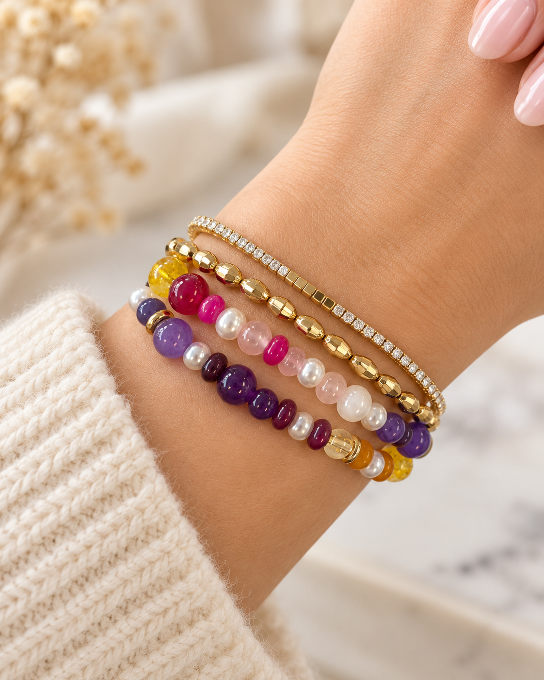 Gold Beaded Bracelet Stack – Mixed Size Stretch Bracelet Set
