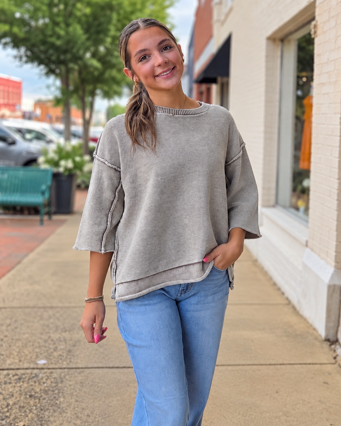 Zenana Washed 3/4 Sleeve Boxy Sweatshirt – S–3X