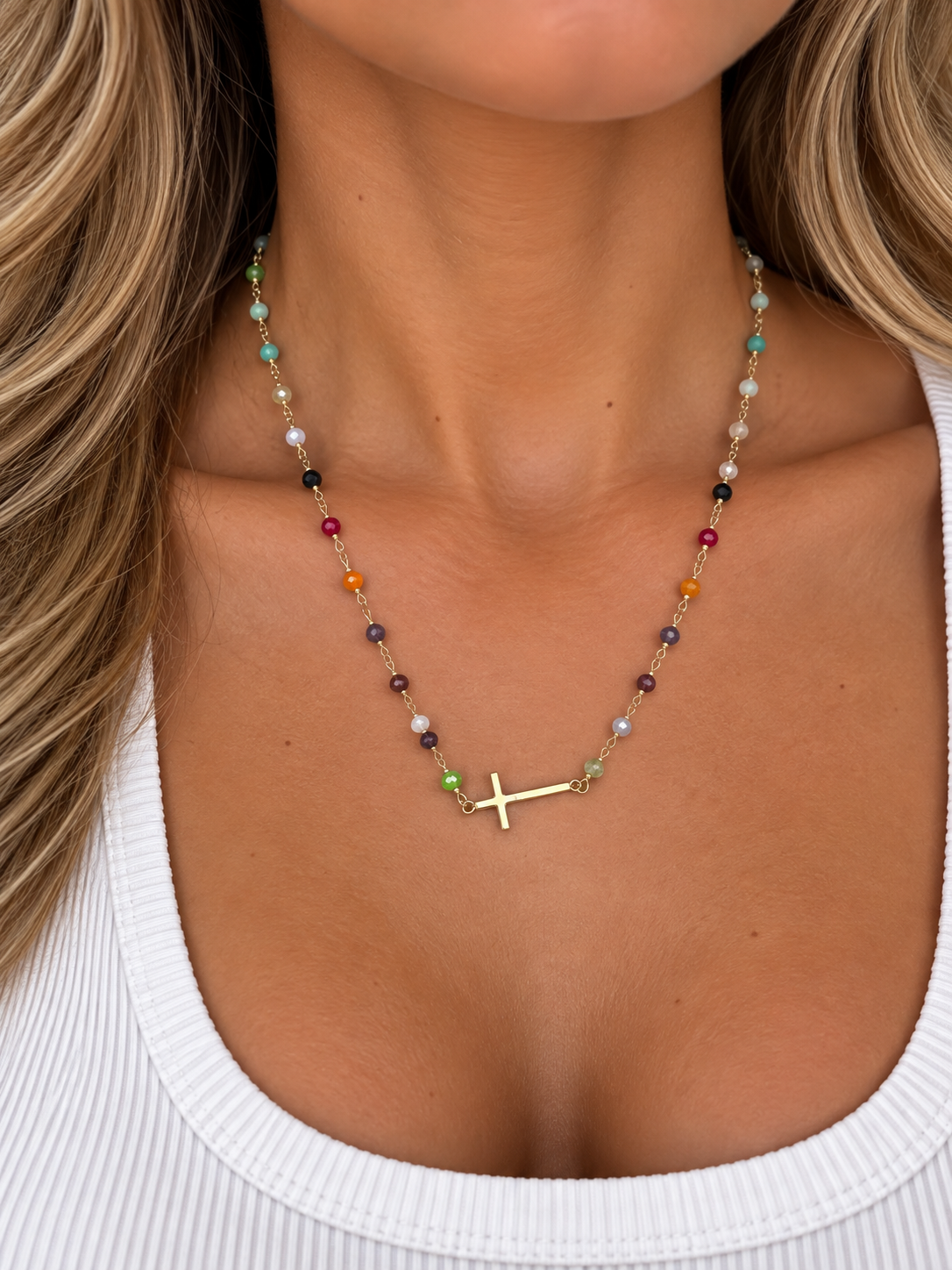 Multi-Color Beaded Sideways Cross Necklace