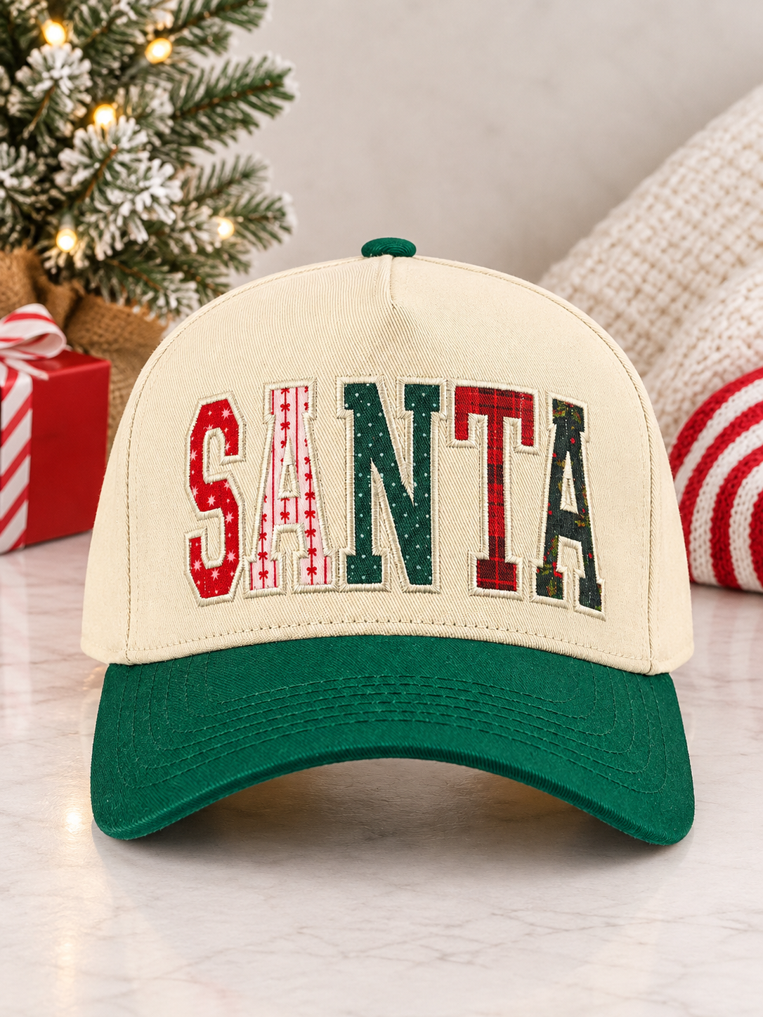 Santa Embroidered Christmas Hat – Green & Cream