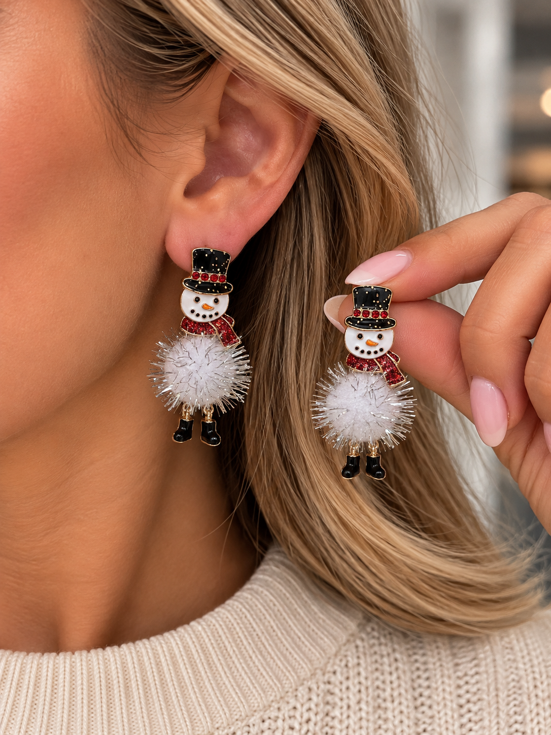 Snowman White Pom Pom Christmas Dangle Earrings