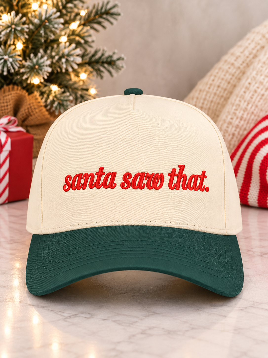 Santa Saw That Embroidered Christmas Hat – Green & Cream