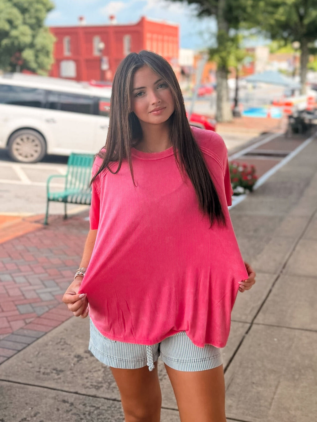 Washed Ribbed Relaxed Short Sleeve Top