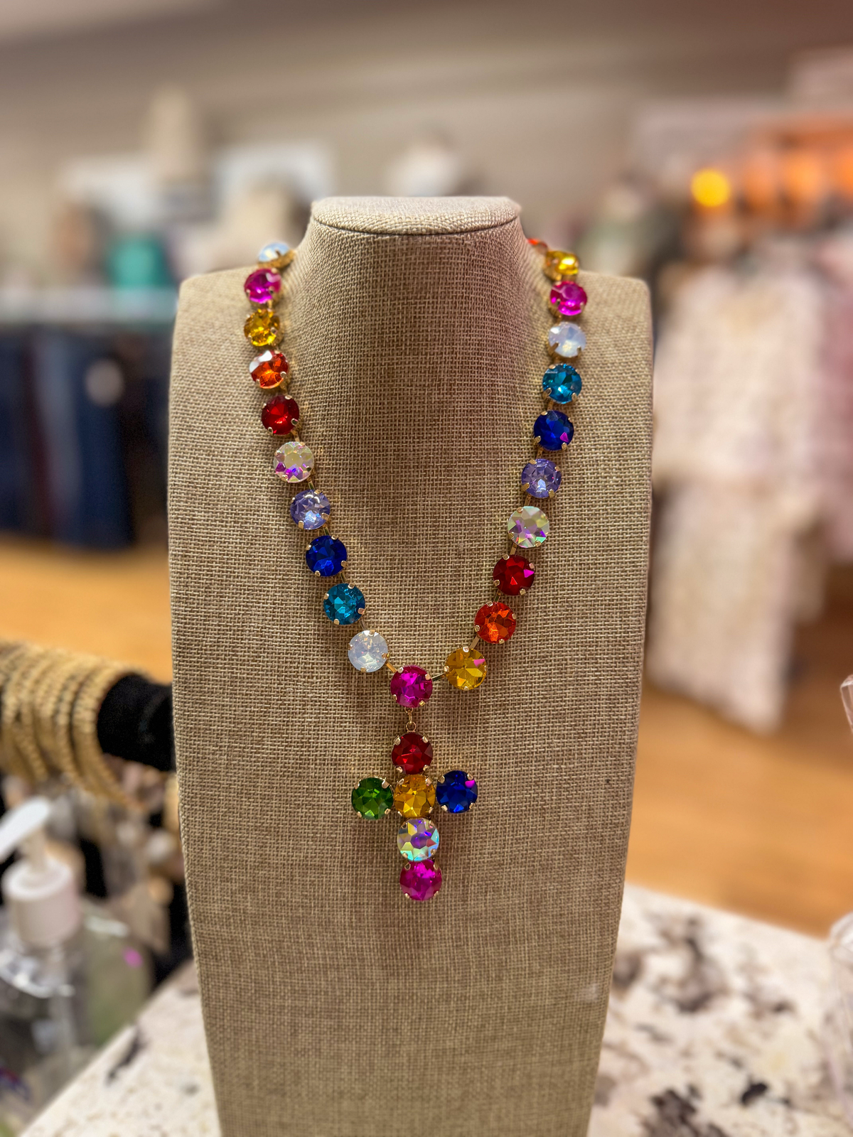 Multicolor Rhinestone Cross Statement Necklace