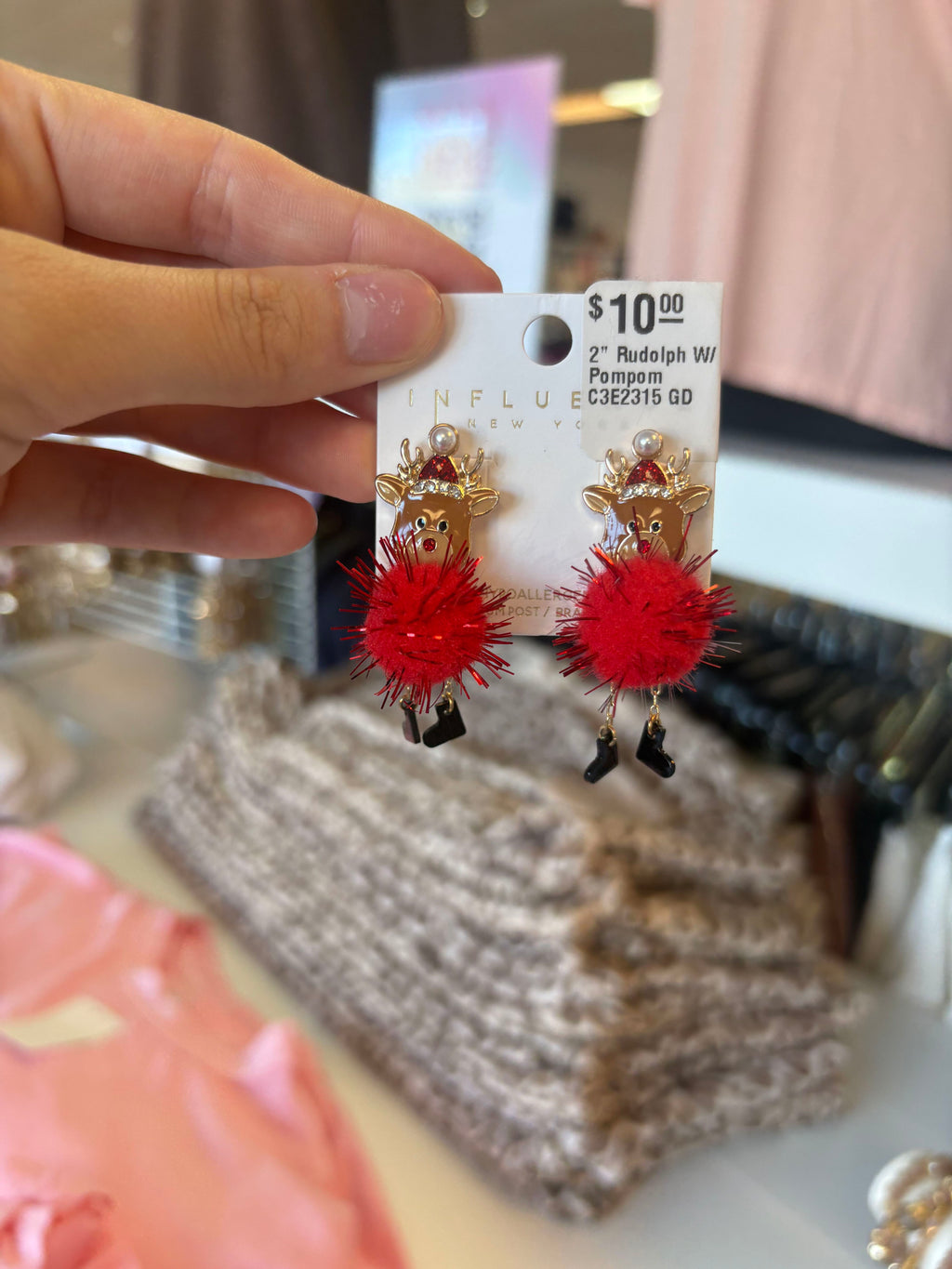 Rudolph Red Pom Pom Christmas Dangle Earrings