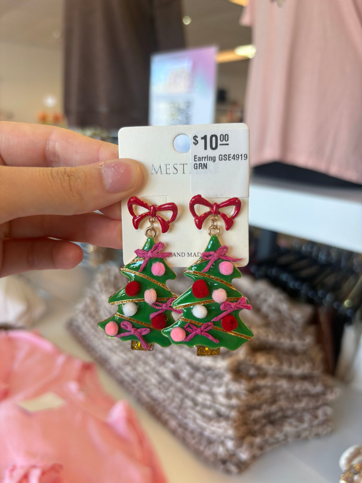 Pink Bow Christmas Tree Pom Pom Dangle Earrings