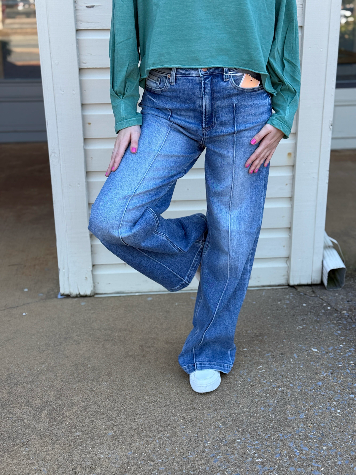 Risen High Rise Pintuck Wide Leg Jeans