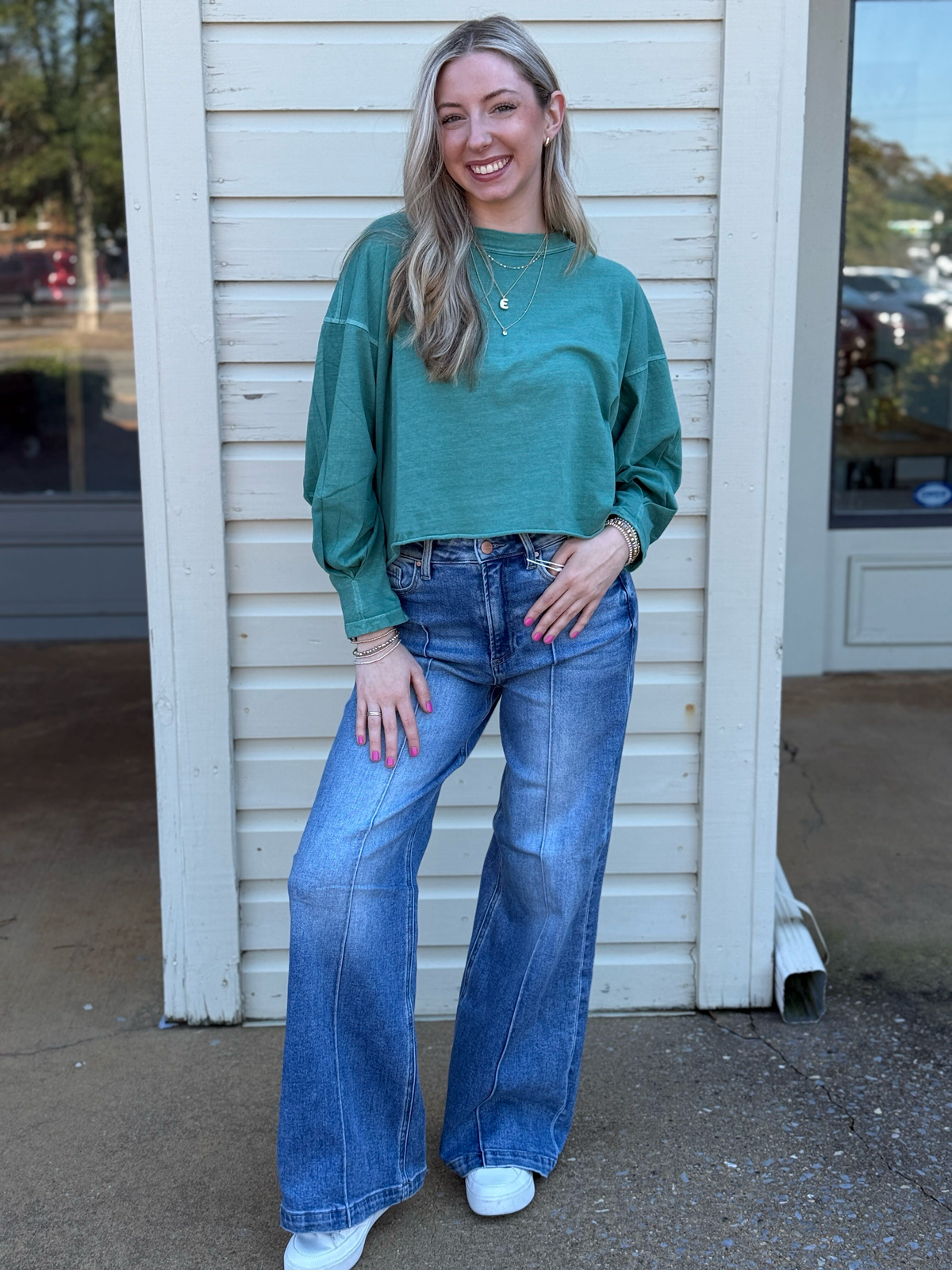 Risen High Rise Pintuck Wide Leg Jeans
