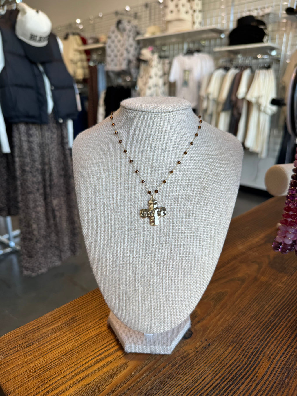 Earth Tone Beaded Hammered Cross Necklace
