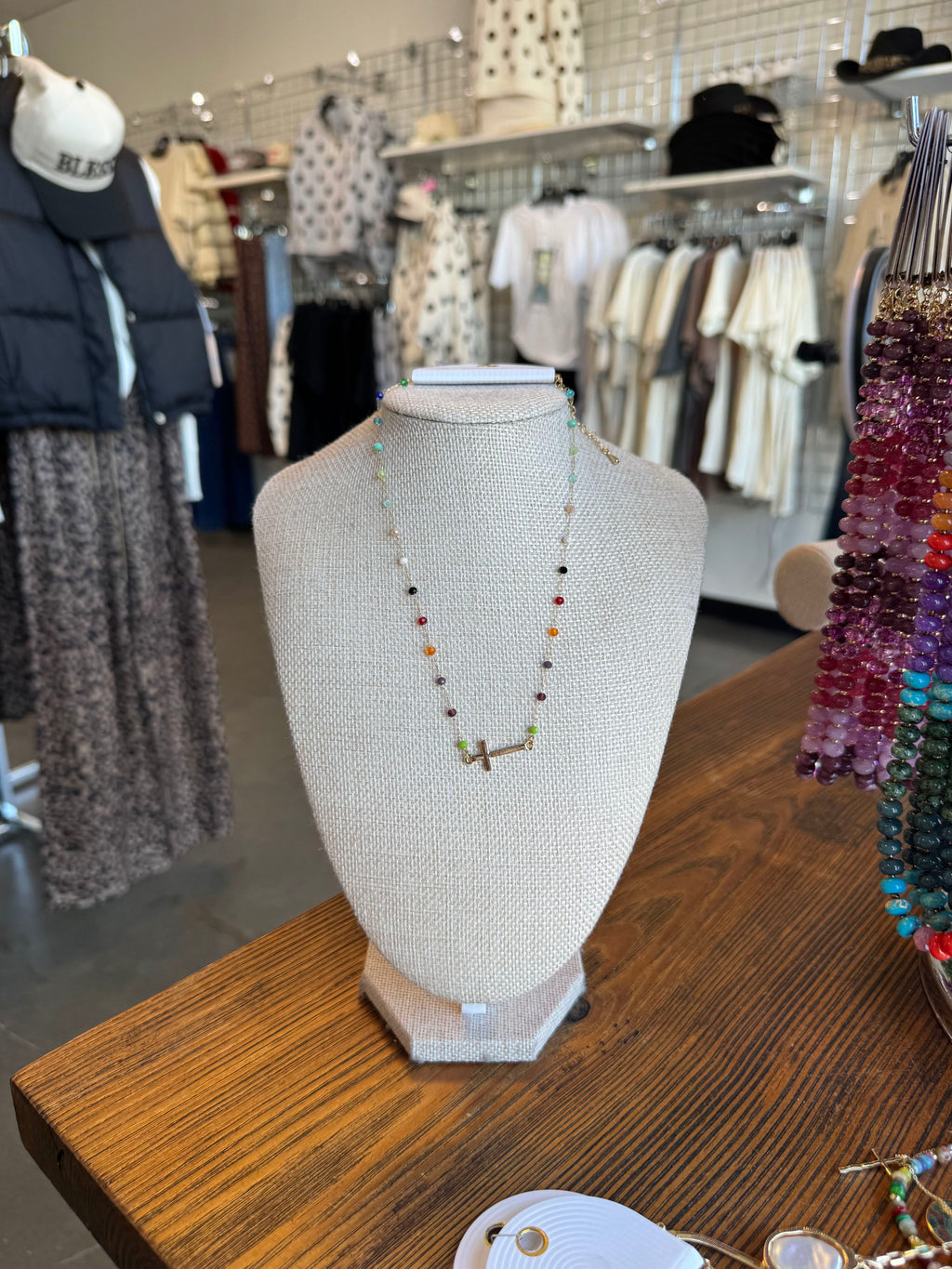 Multi-Color Beaded Sideways Cross Necklace