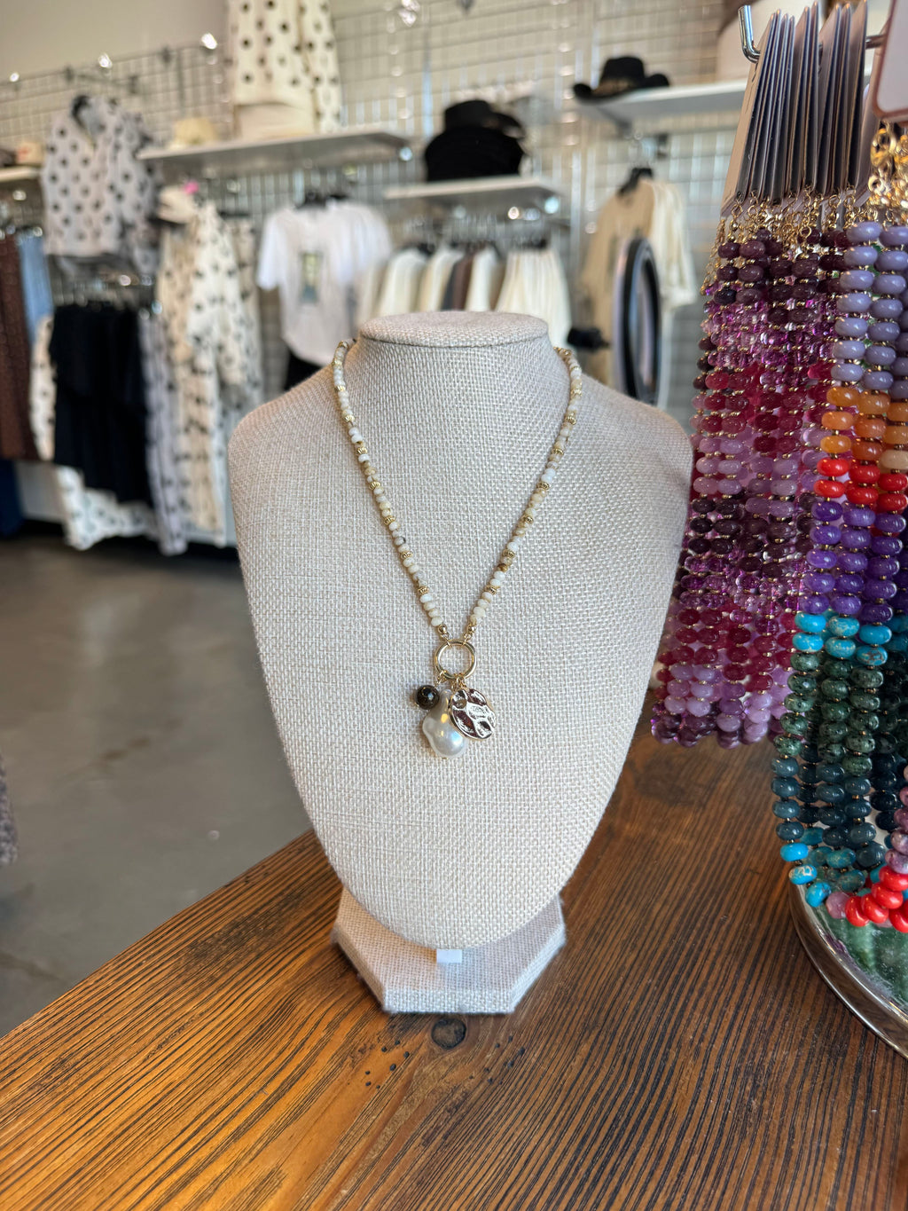 Ivory Beaded Pearl & Gold Charm Necklace