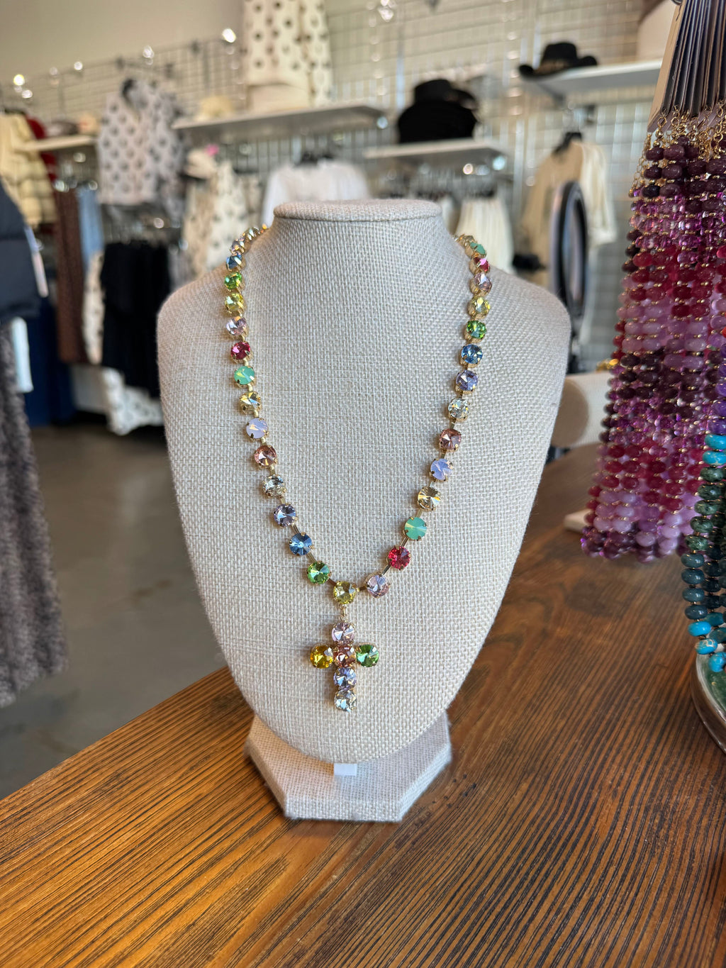 Multicolor Rhinestone Cross Pendant Necklace