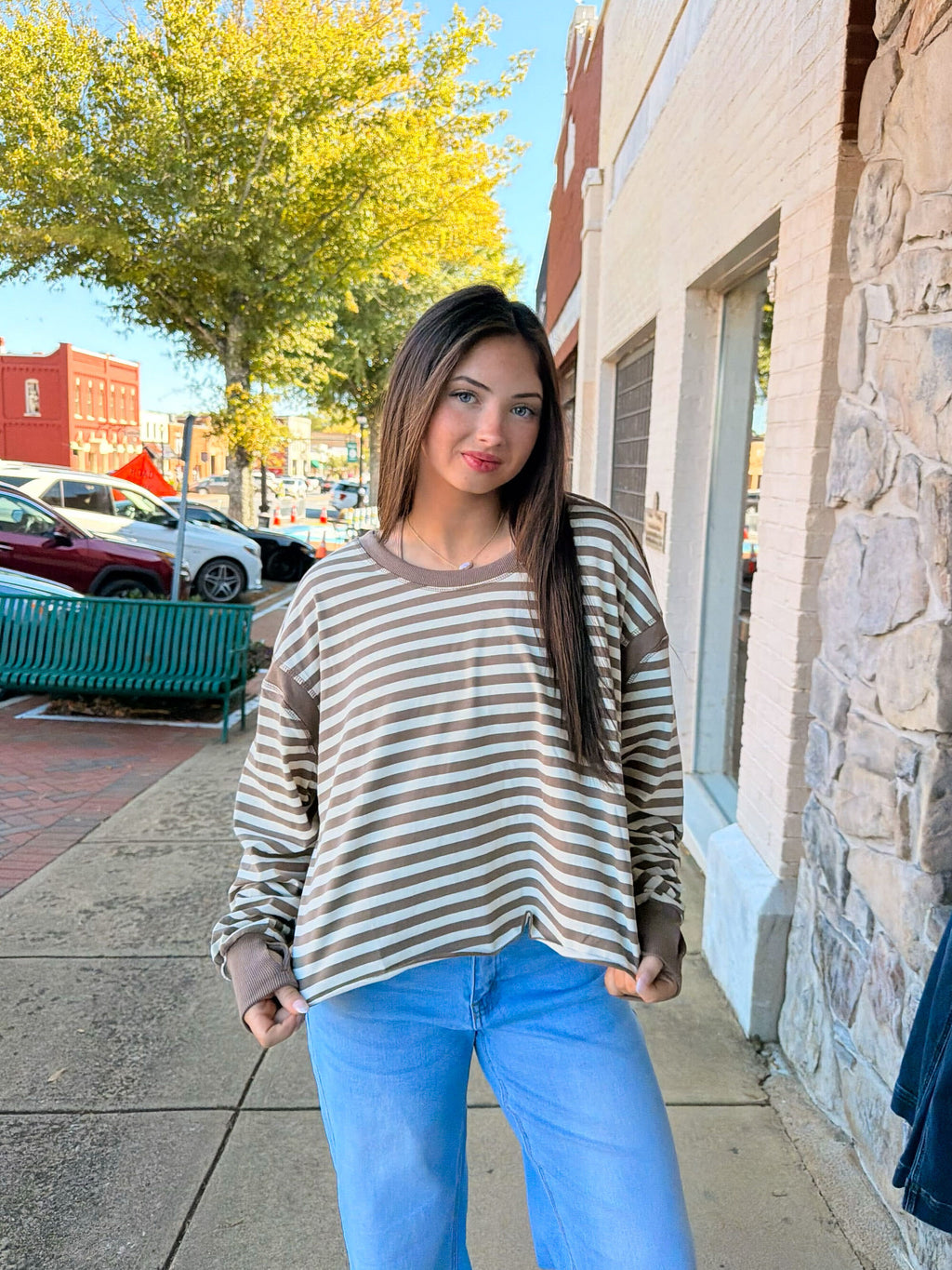 Mocha Striped Open Back Long Sleeve Top