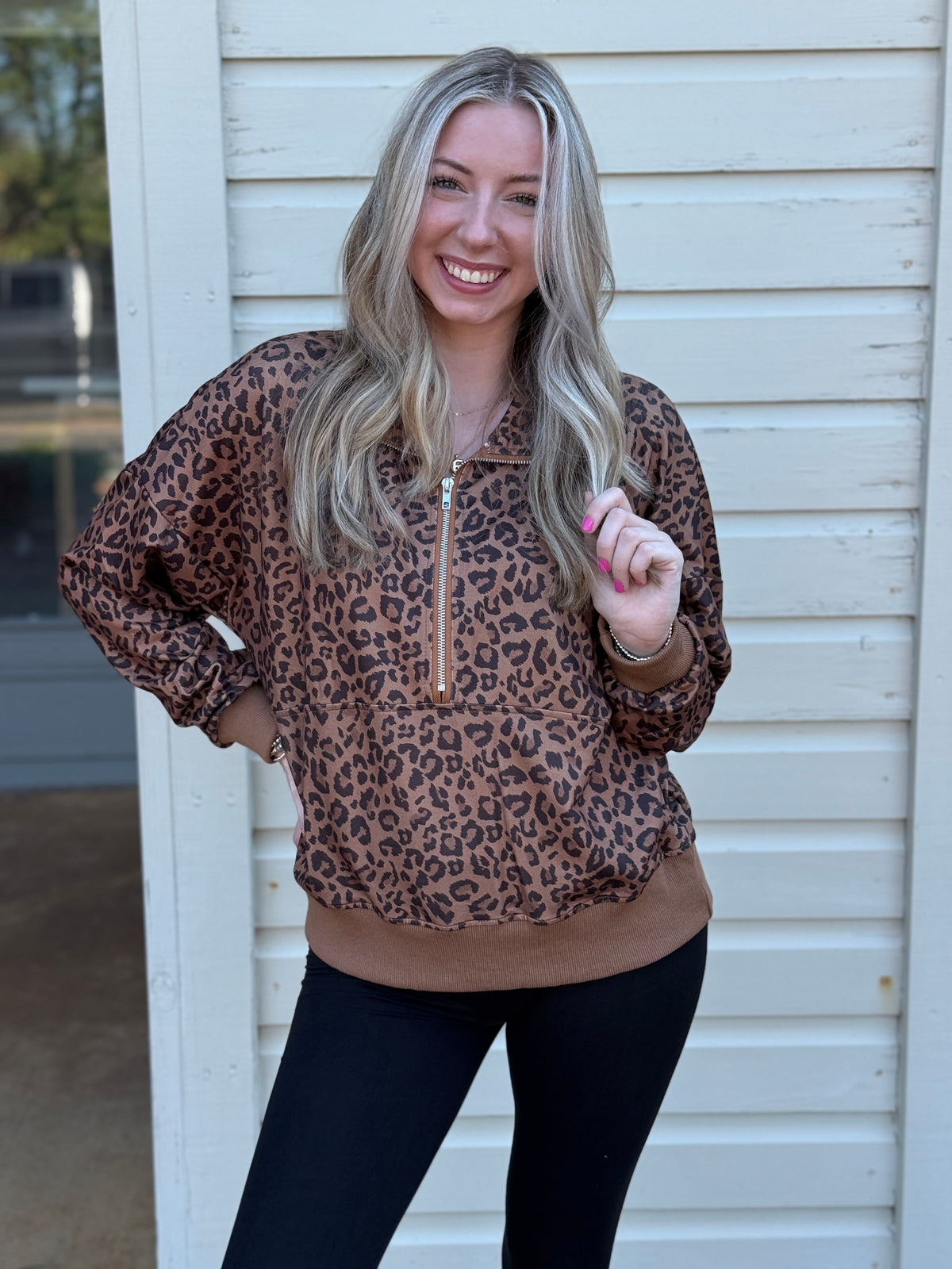 Coffee Leopard Print Oversized Half Zip Pullover
