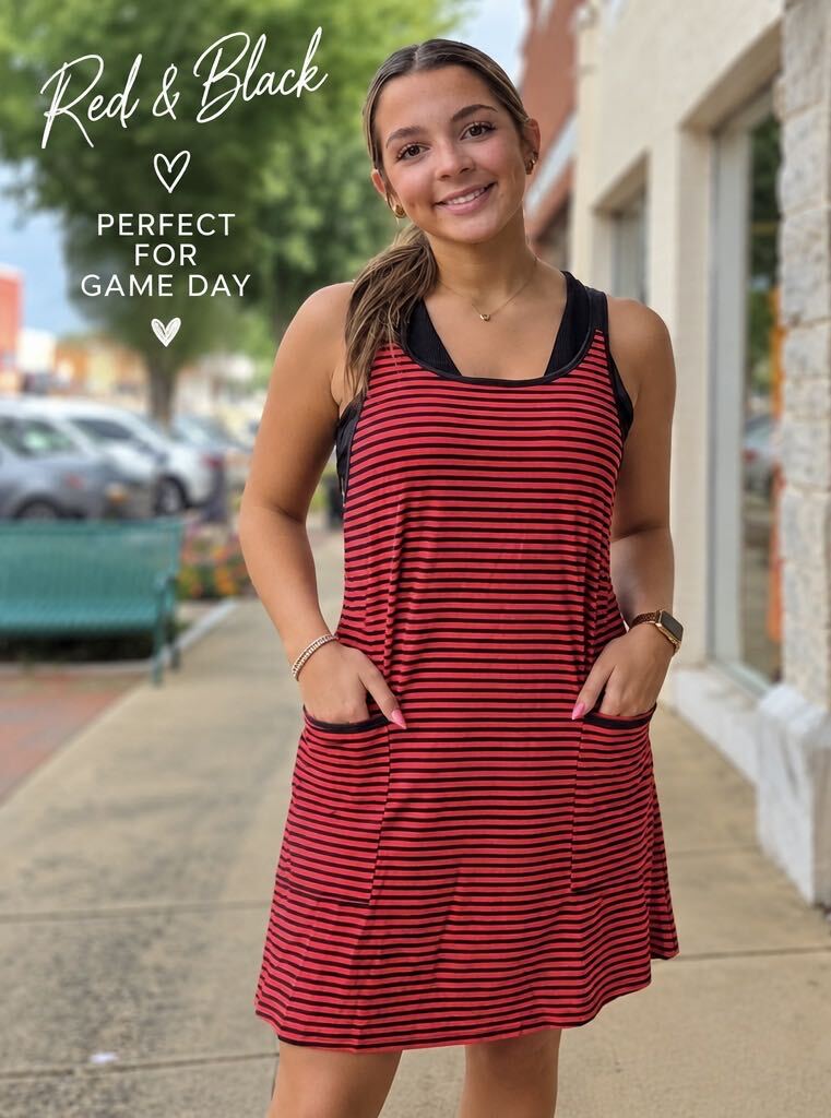 Women’s Striped Athletic Mini Dress with Built-In Romper – Sleeveless Pocket Active Dress