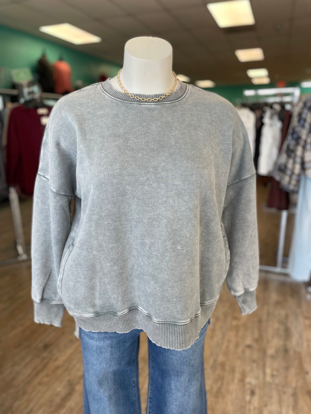 Acid Wash Fleece Hi-Low Hem Pullover with Pockets