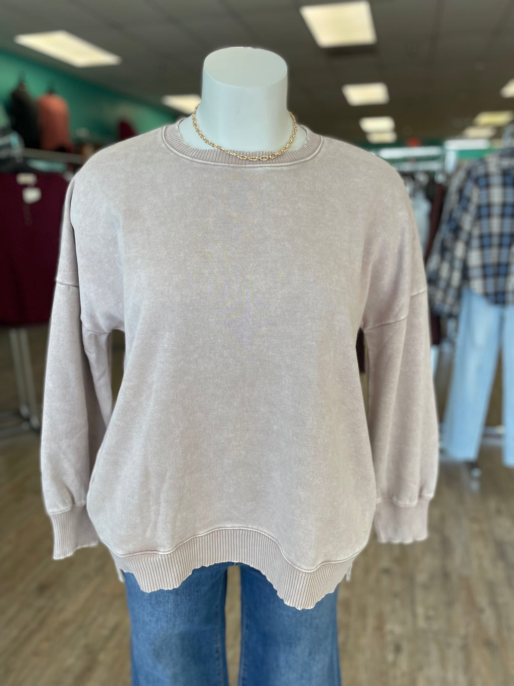 Acid Wash Fleece Hi-Low Hem Pullover with Pockets