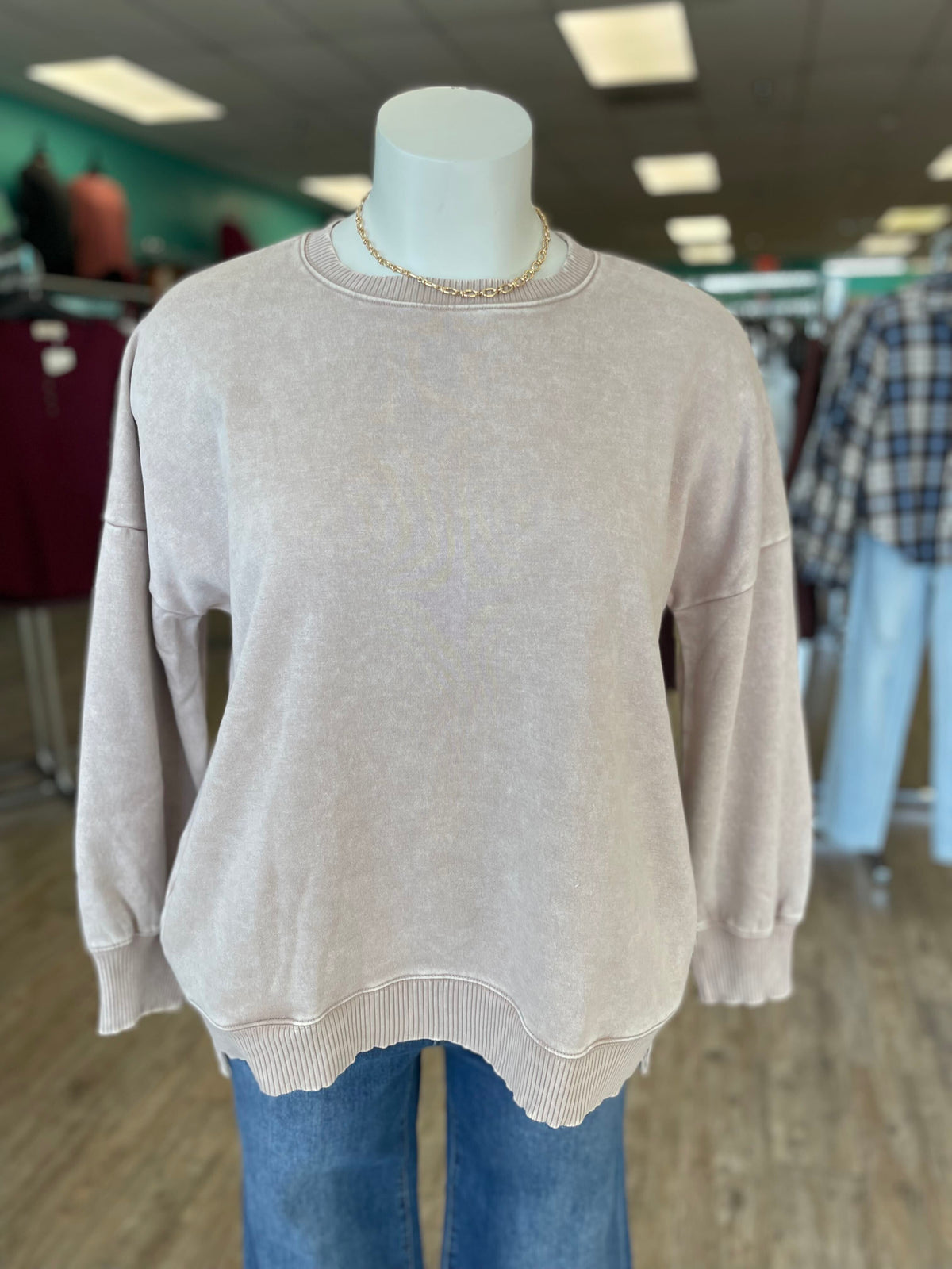 Acid Wash Fleece Hi-Low Hem Pullover with Pockets