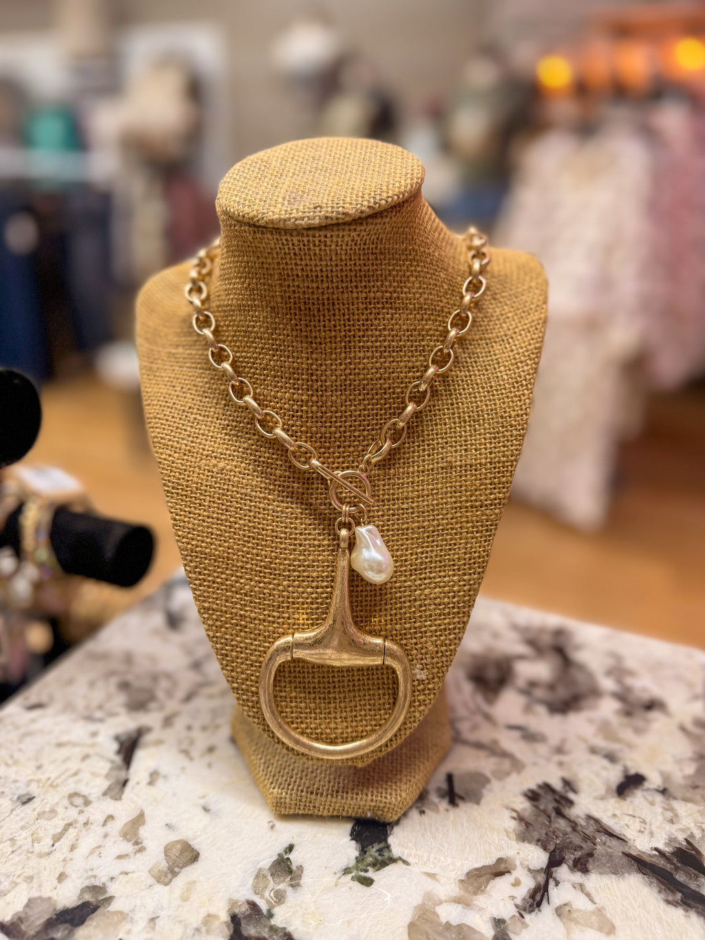 Gold Horsebit & Pearl Charm Toggle Necklace