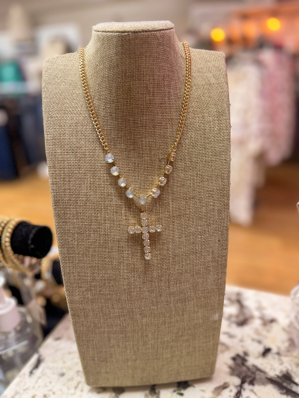 Opal & Rhinestone Cross Pendant Necklace