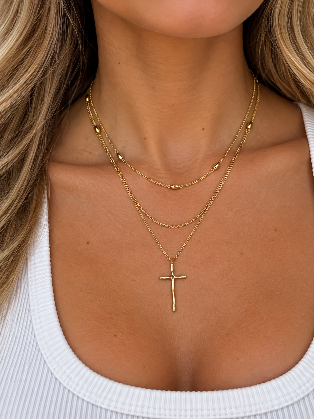 Layered Gold Cross Pendant Necklace