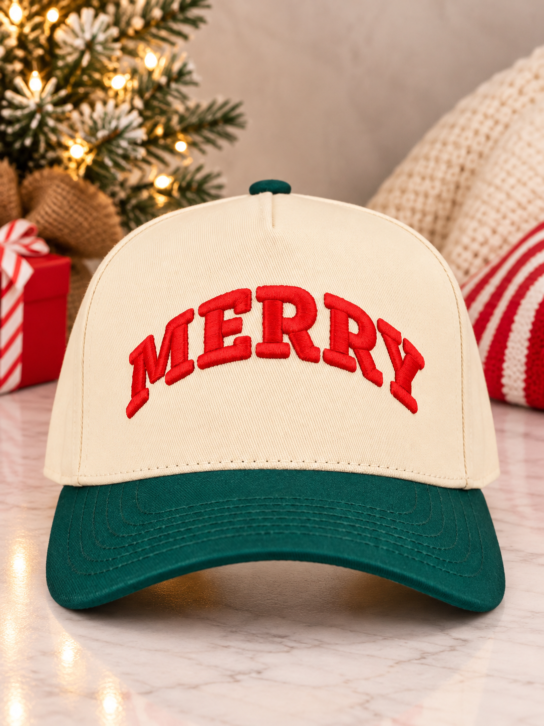 Merry Embroidered Christmas Hat – Green & Cream