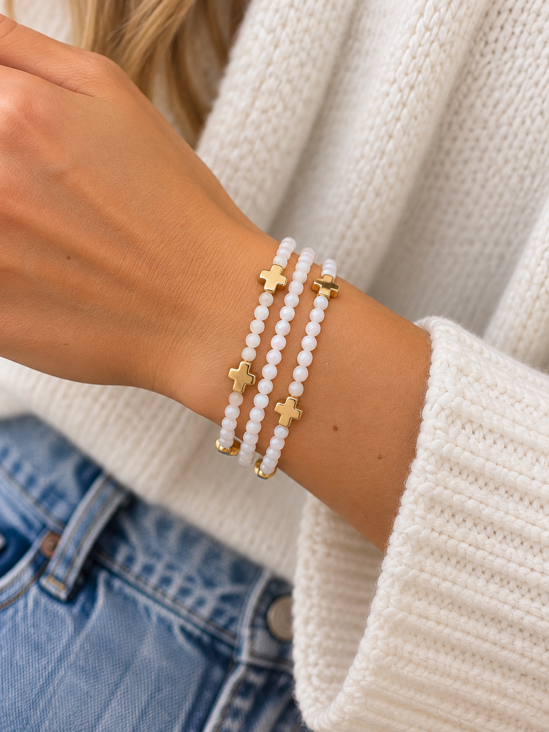 Faceted Beaded Cross Bracelet Stack