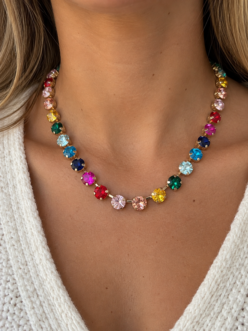 Rainbow Multi-Color Rhinestone Statement Necklace