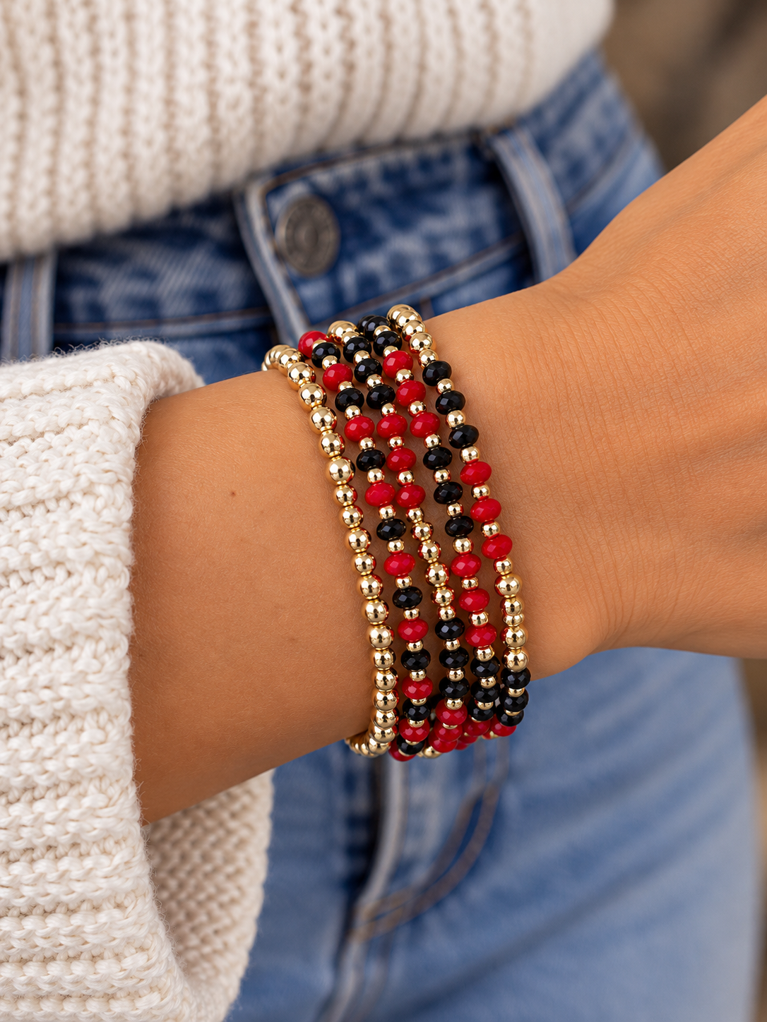 Red, Black & Gold Game Day Beaded Bracelet Stack