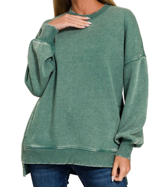 Acid Wash Fleece Hi-Low Hem Oversized Pullover