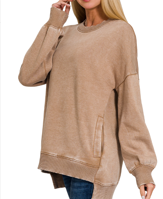Acid Wash Fleece Hi-Low Hem Oversized Pullover