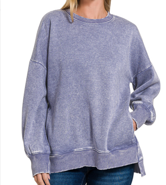 Acid Wash Fleece Hi-Low Hem Oversized Pullover