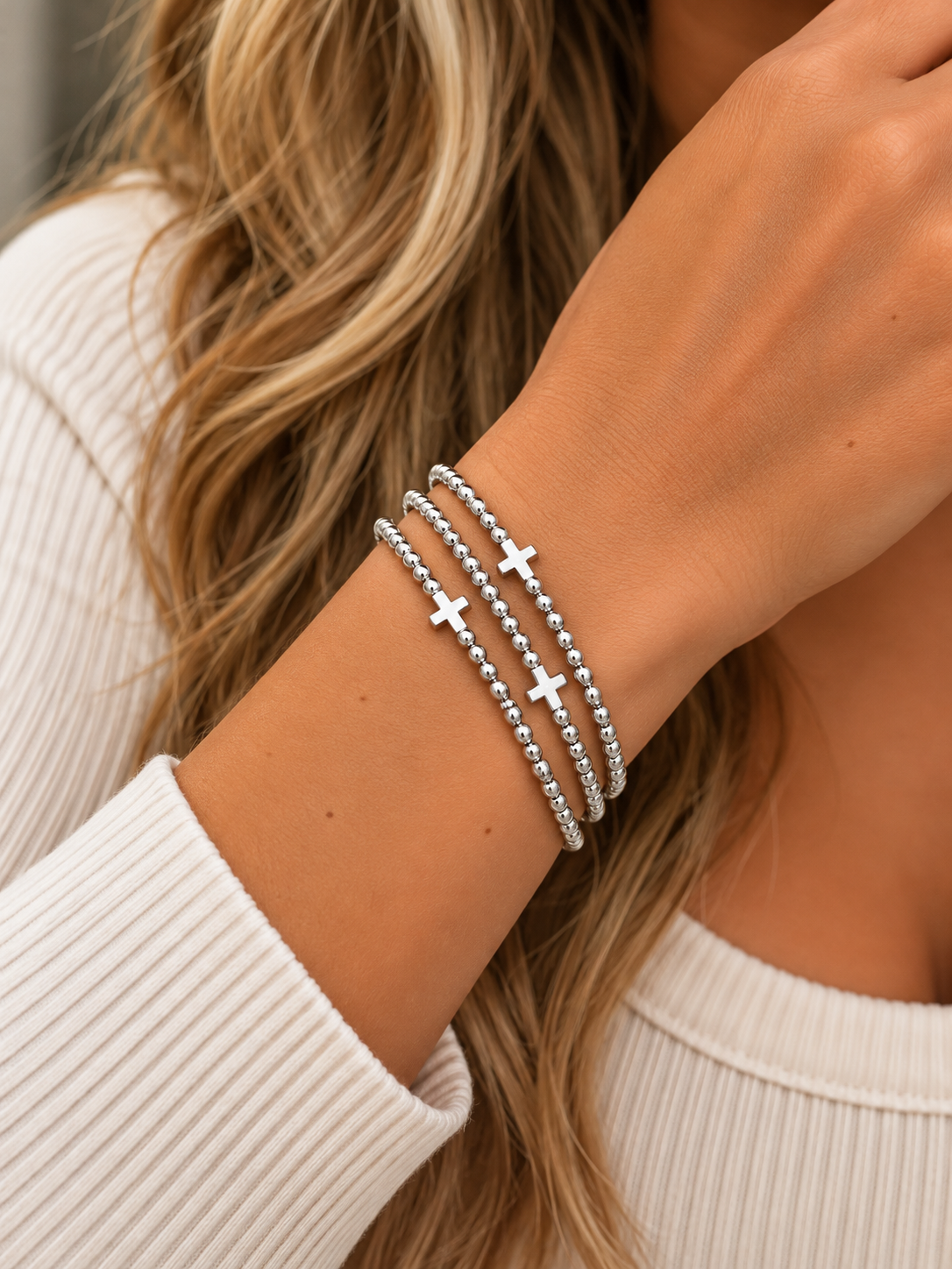 Beaded Cross Bracelet Stack – Gold & Silver