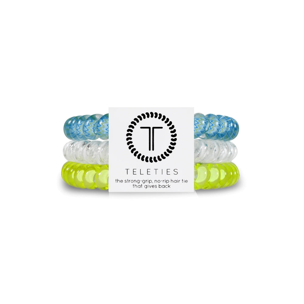 TELETIES Hair Ties – Blue, Clear & Neon Green 3-Pack
